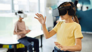 a person wearing a virtual reality headset in an office