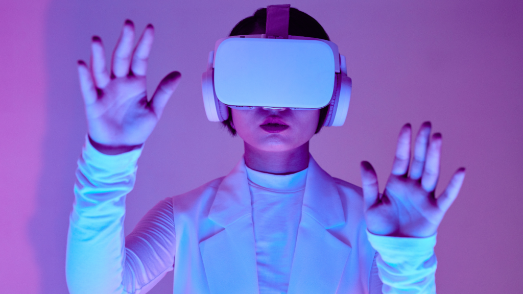 woman wearing white VR googles