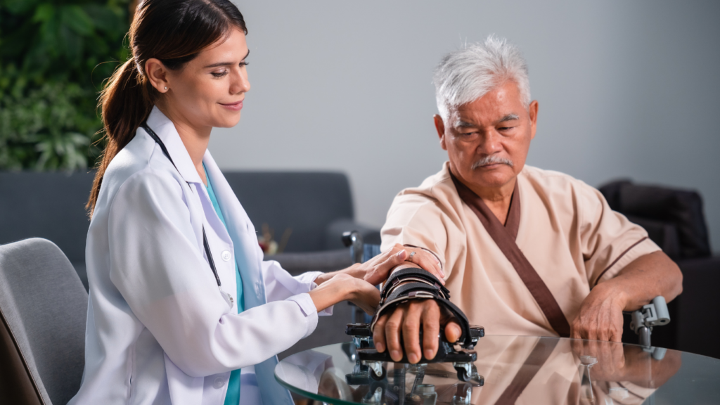 A doctor is helping an elderly person in a wheelchair