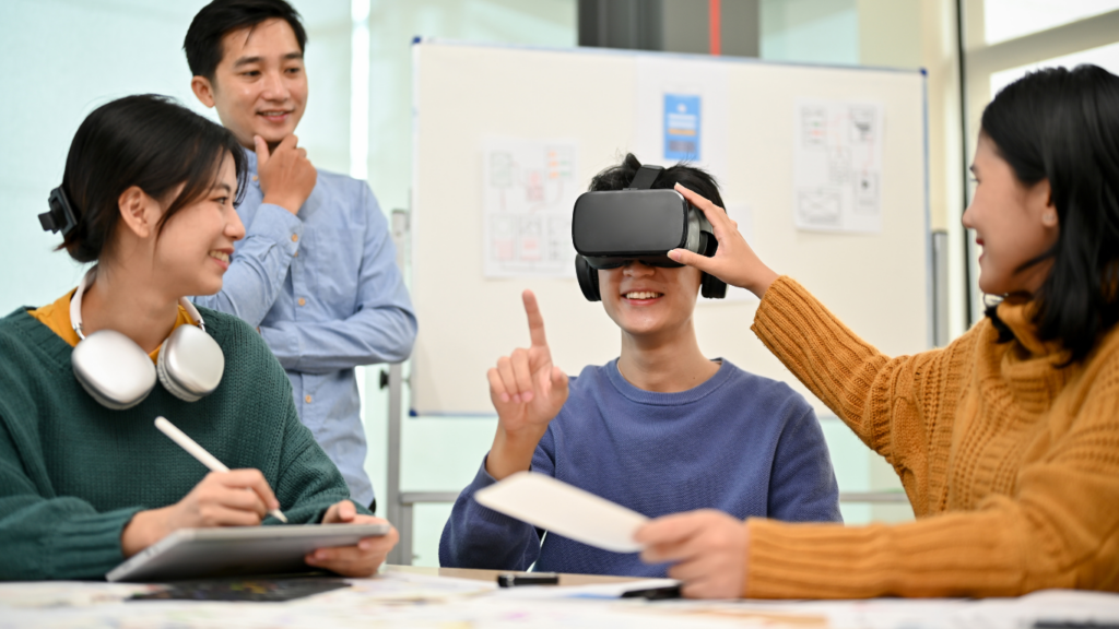 a group of people wearing virtual reality headsets