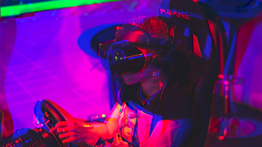 a person wearing a virtual reality headset in a car