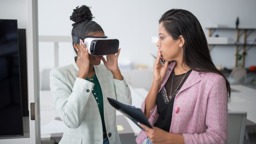 a person wearing a virtual reality headset in an office